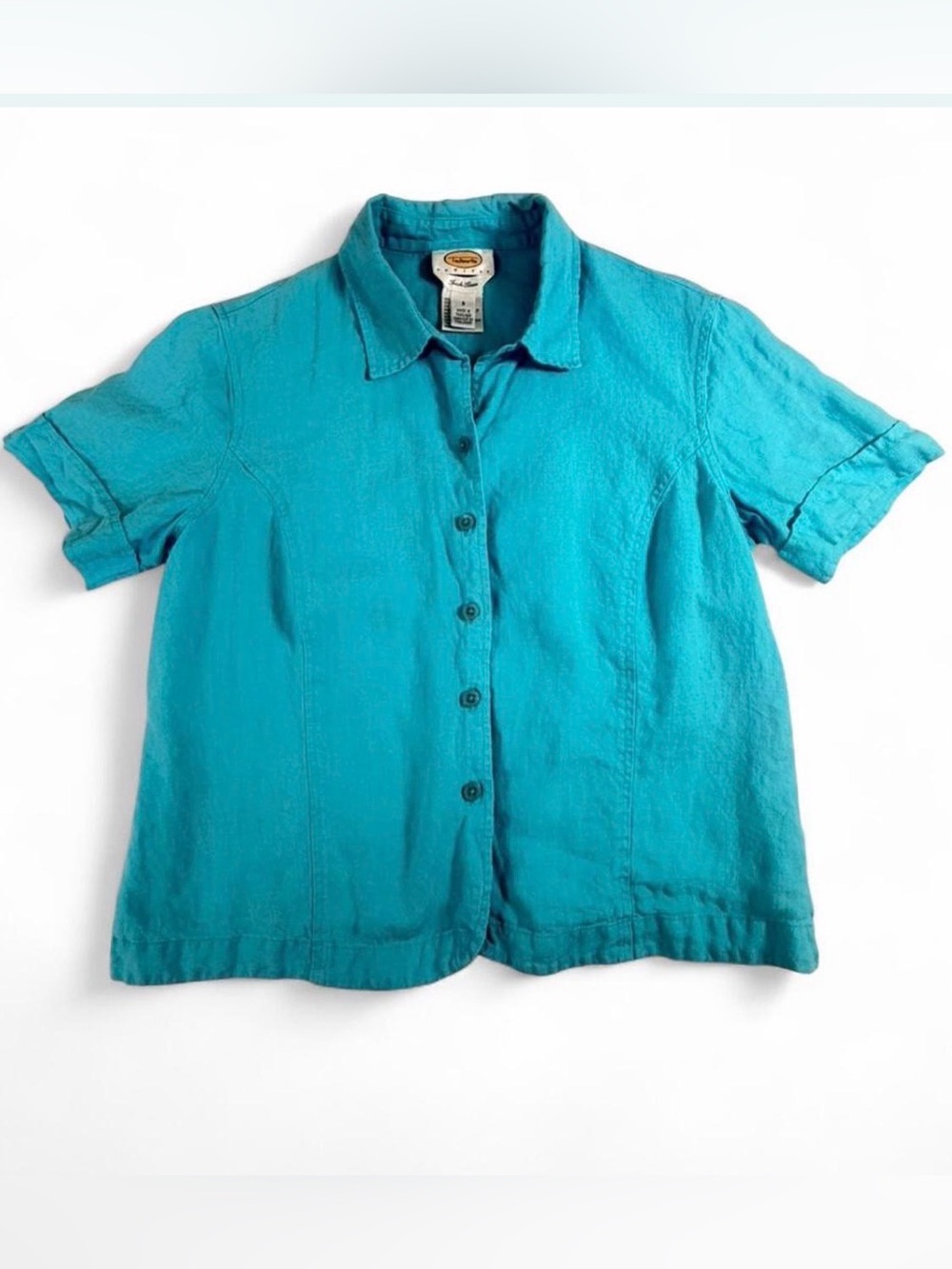 Talbots Irish Linen Teal Short-Sleeve Button-Front Blouse